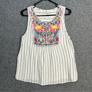 Entro Size L Sleeveless Embroidered White Multicolor Women's Boho Peasant Top